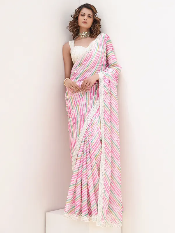 Pink printed tissue silk saree for reception