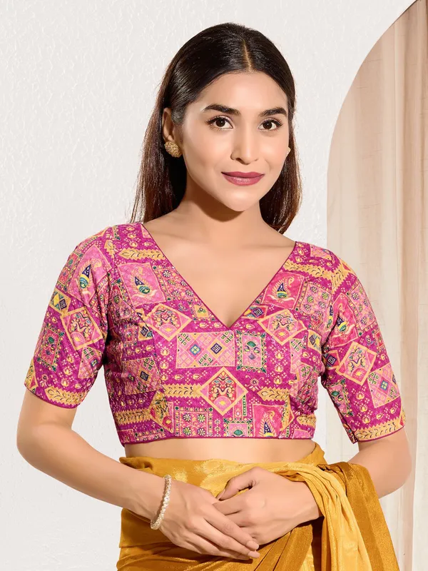 Pink printed viscose rayon ready made blouse