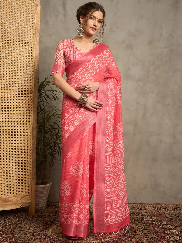Pink pure linen saree in printed
