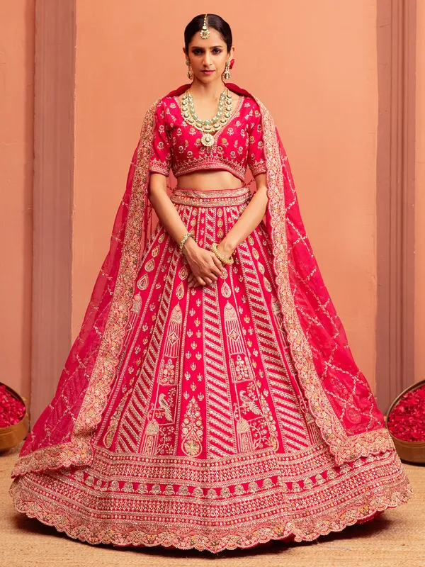 Pink raw silk lehenga choli for brides