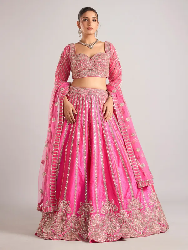 Pink raw silk lehenga choli with dupatta for women