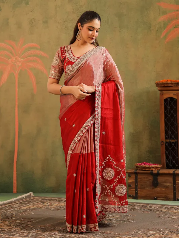 Pink red tissue silk saree for celebrations
