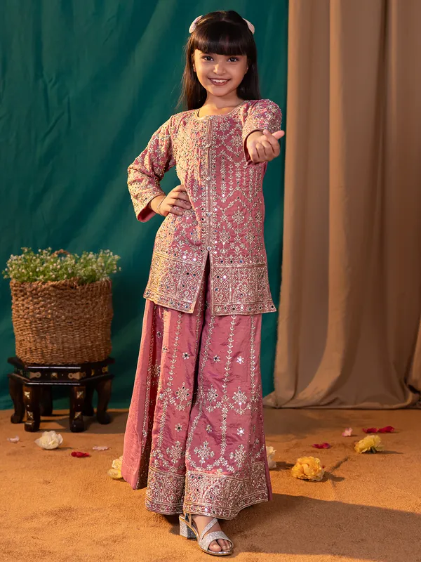 Pink reshami silk palazzo suit for girls