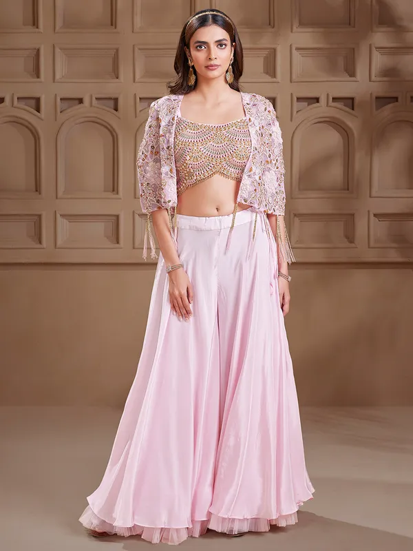 Pink satin palazzo salwar suit for party