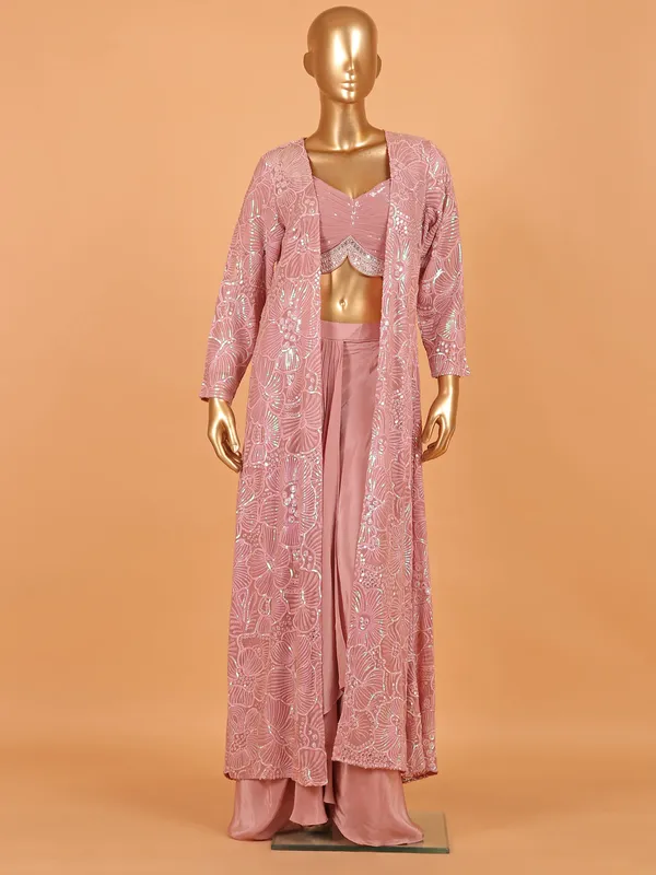 Pink satin silk indowestern suit for partywear