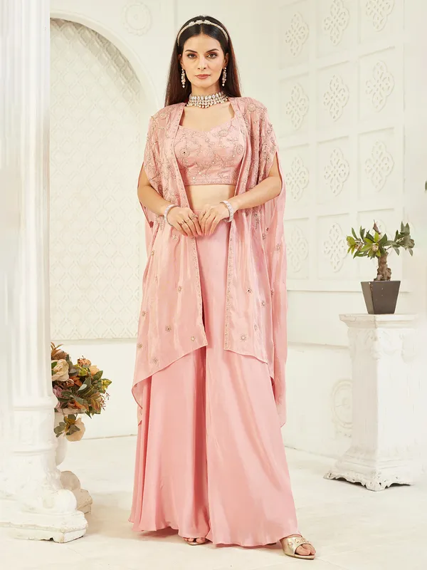 Pink satin silk jacket palazzo suit with beads and mirror