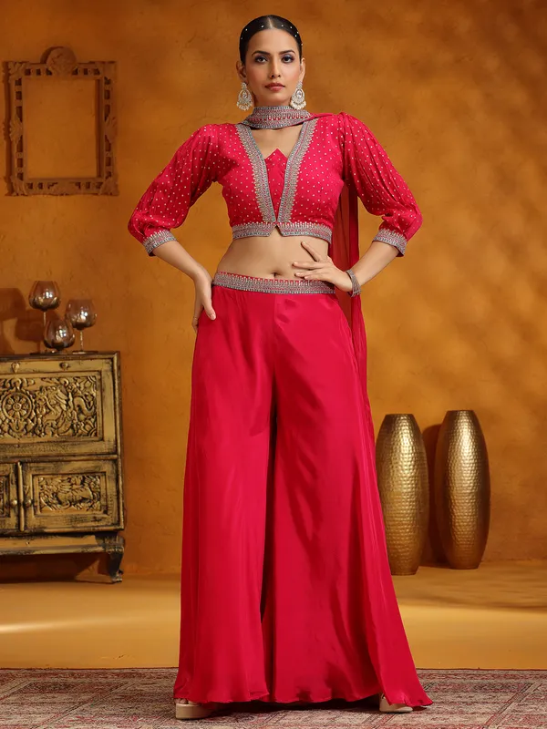 Pink satin silk palazzo suit with dupatta