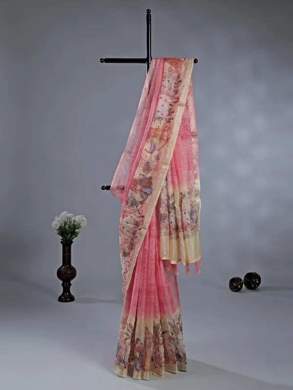 Pink semi cotton festival wear saree