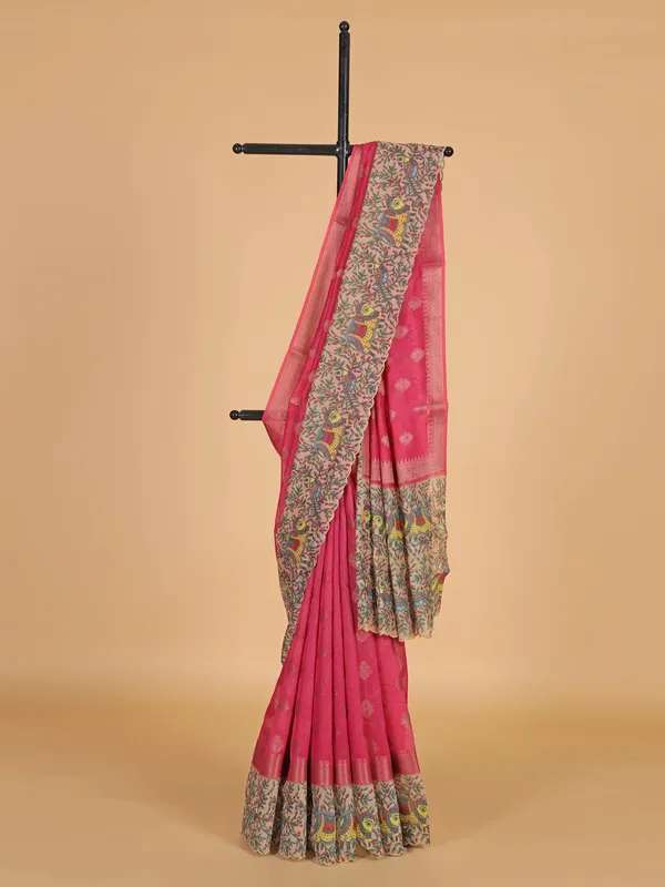 Pink semi cotton silk zari weaving saree