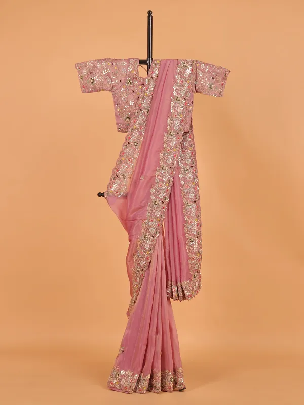 Pink shimmer tissue silk saree for women