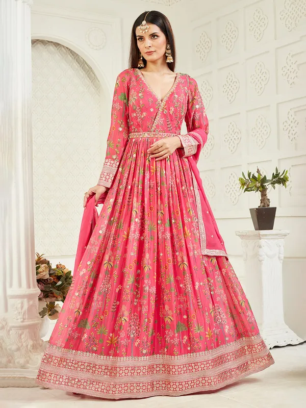Pink silk anarkali suit with dupatta for wedding
