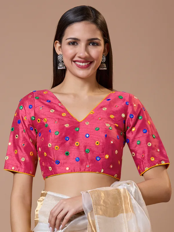 Pink silk blouse with aabla work