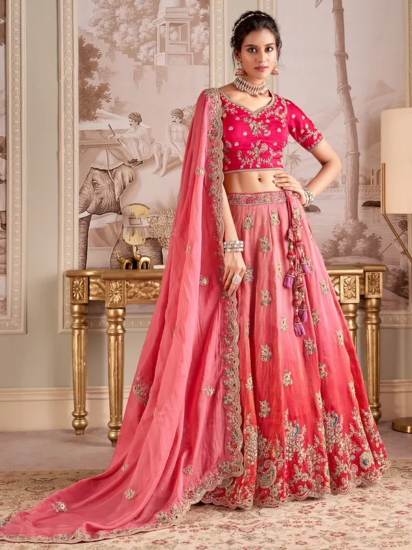 Pink silk bridal syle unstitched lehenga choli