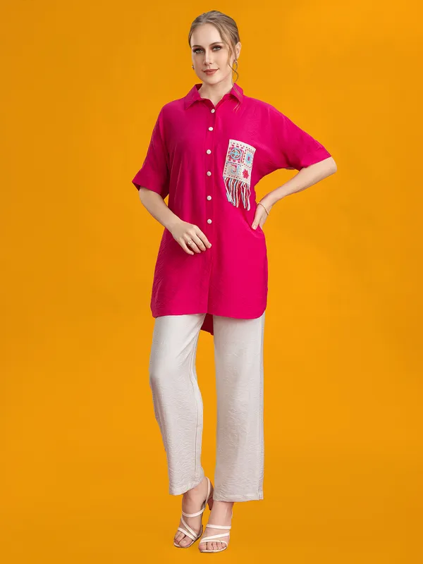 Pink silk embroidered palazzo co-ord set with collar