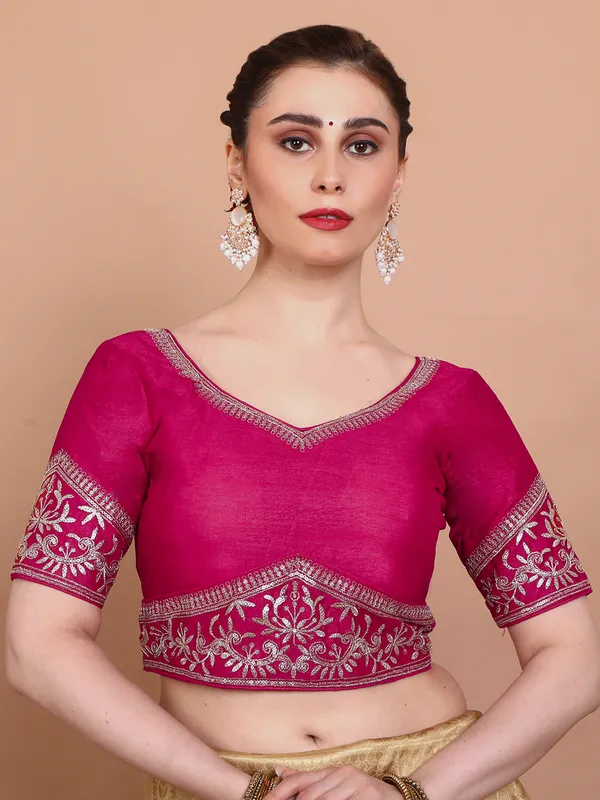 Pink silk embroidered ready made blouse