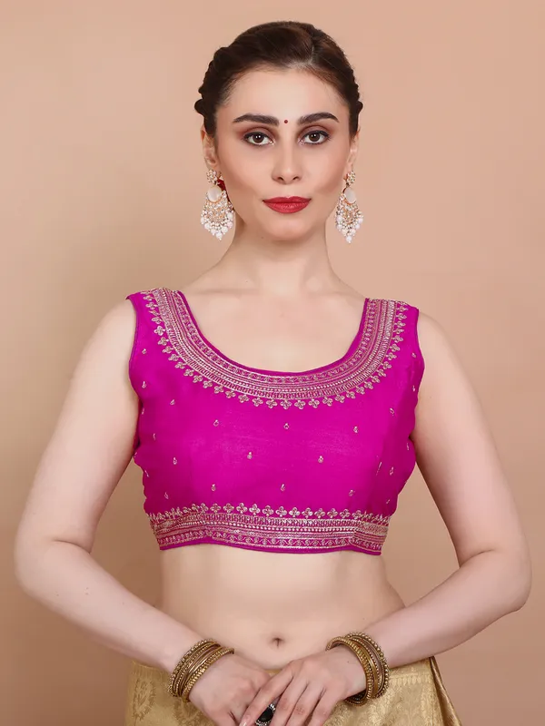 Pink silk embroidered sleeveless ready made alterable blouse