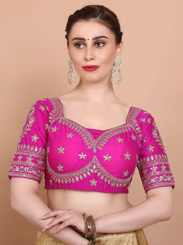 Pink silk embroidered ready made elbow sleeves blouse
