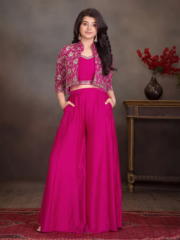 Pink silk jacket style palazzo salwar suit