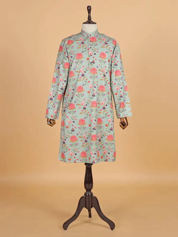 Pink silk kurta suit with print for festive