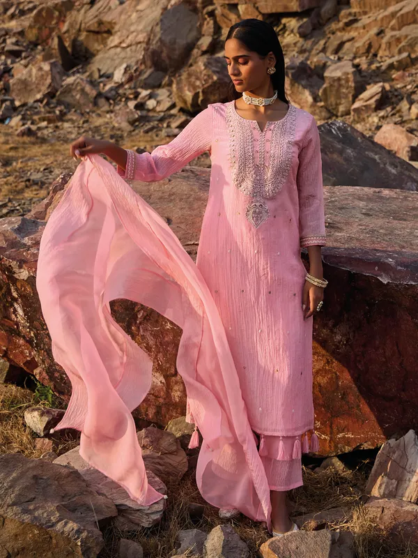 Pink silk kurti set with beads work with dupatta