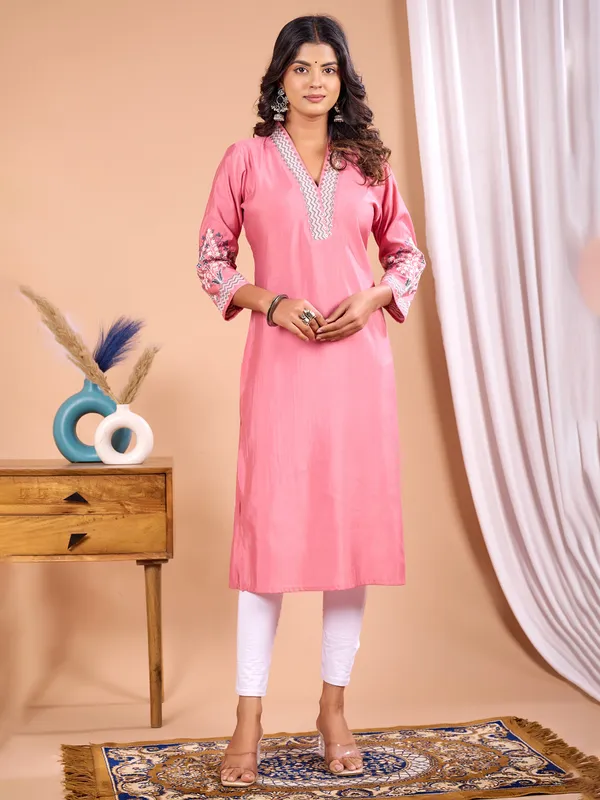 Pink silk kurti with embroidery