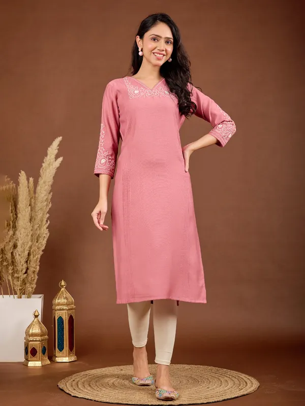 Pink silk kurti with V neck style for casual wear