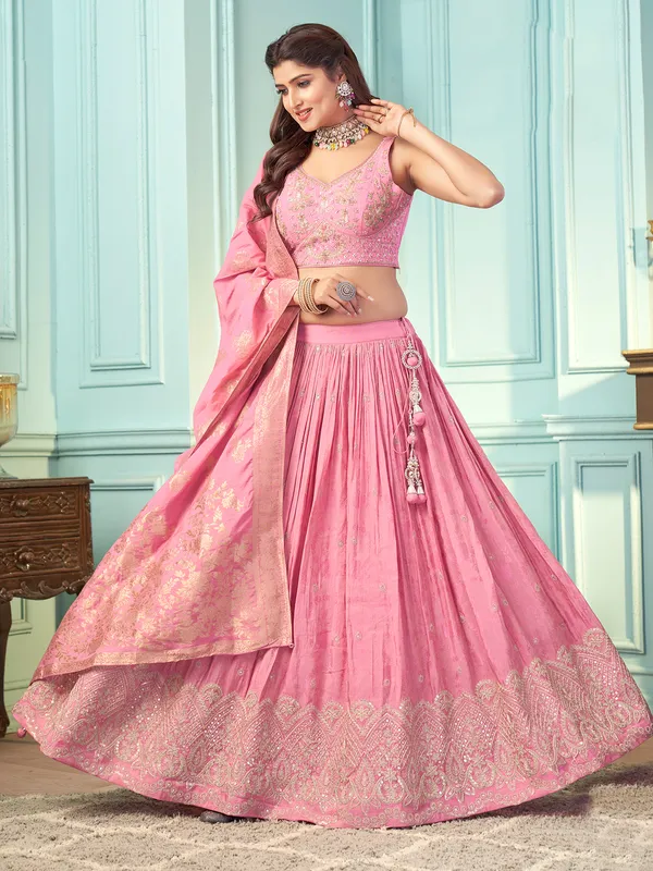 Pink silk lehenga choli with resham work