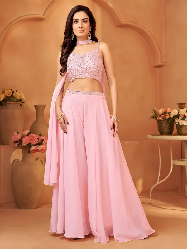 Pink silk palazzo suit with choker dupatta