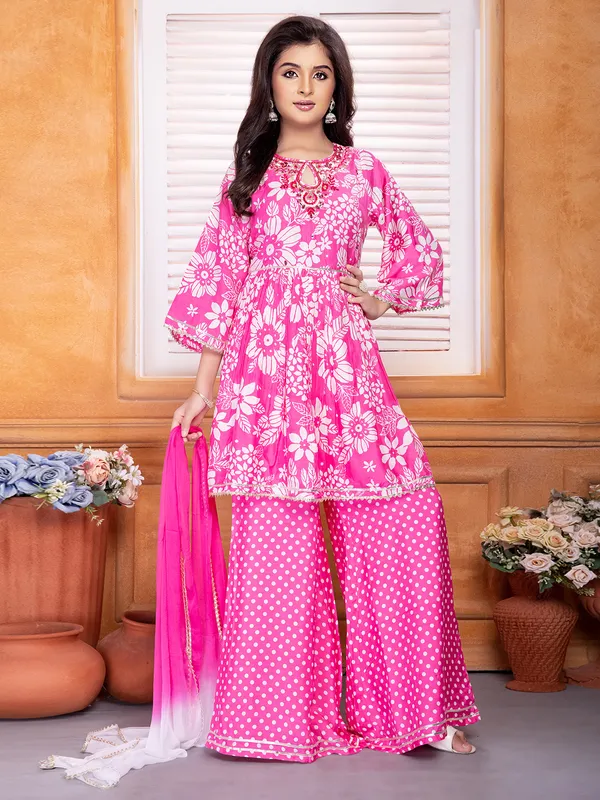 Pink silk printed festive style palazzo set