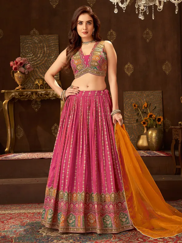 Pink silk printed lehenga choli for wedding