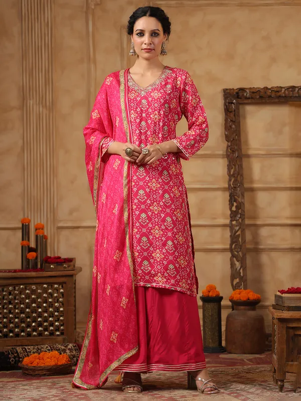 Pink silk printed palazzo kurti set