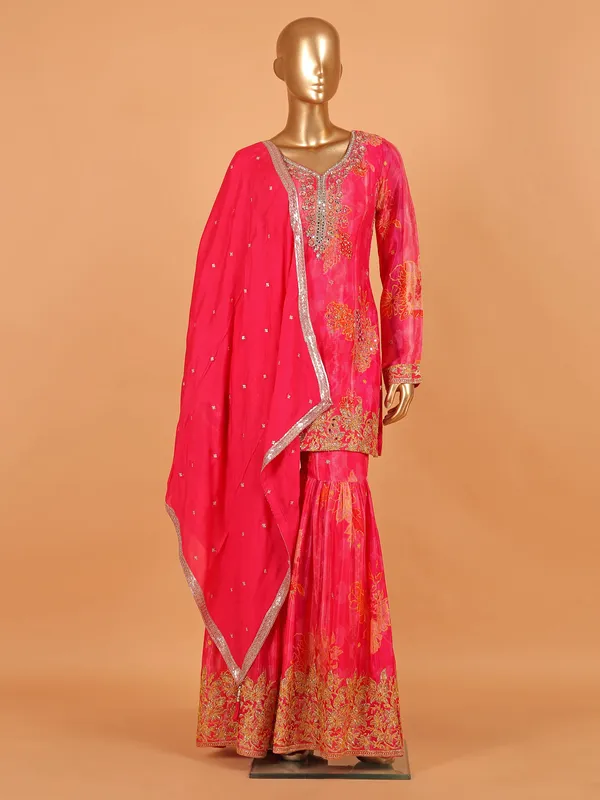 Pink silk printed sharara suit for women