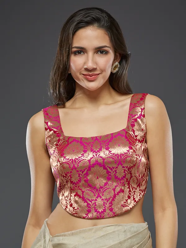Pink silk ready-made blouse with zari work