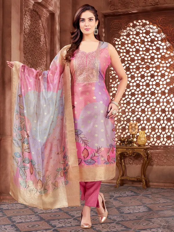 Pink silk salear suit with printed dupatta