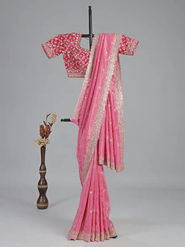 Pink silk saree with ready made blouse