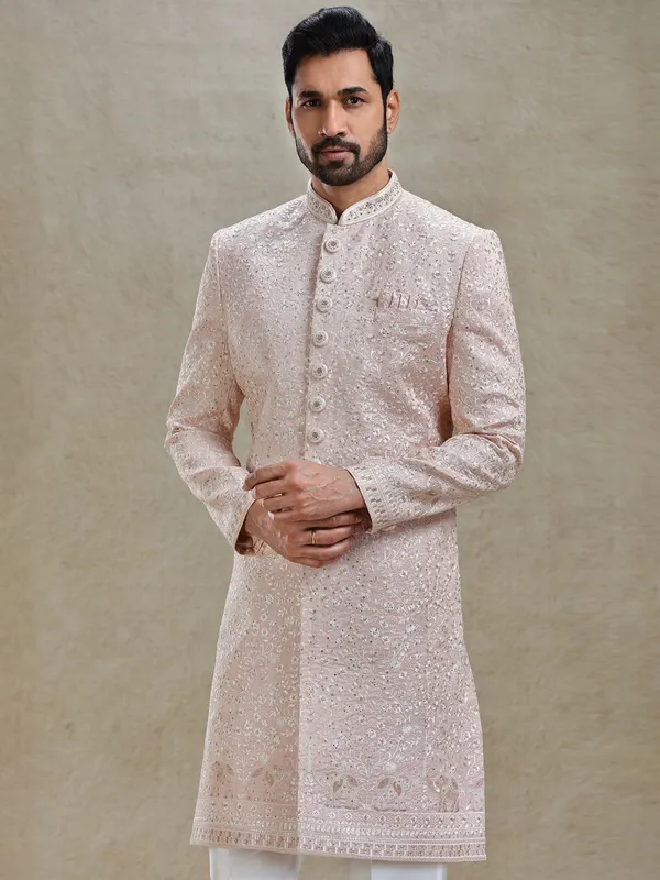 Pink silk sherwani in golden embroidery pattern