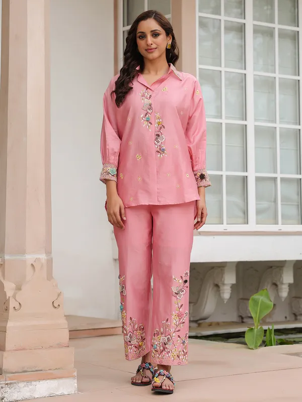 Pink silk tencel embroidery co-ord set