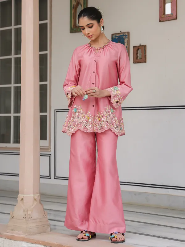 Pink silk tencel embroidery co-ord set for women