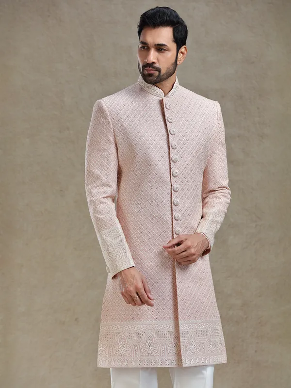 Pink silk wedding style long sherwani set