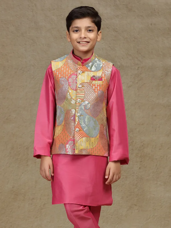 Pink silk wedding style waistcoat set for boys