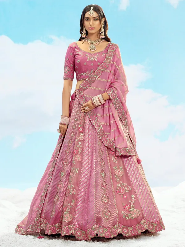 Pink silk wedding wear lehenga choli with dupatta