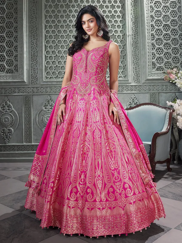 Pink silk zari worked floor length anarkali suit