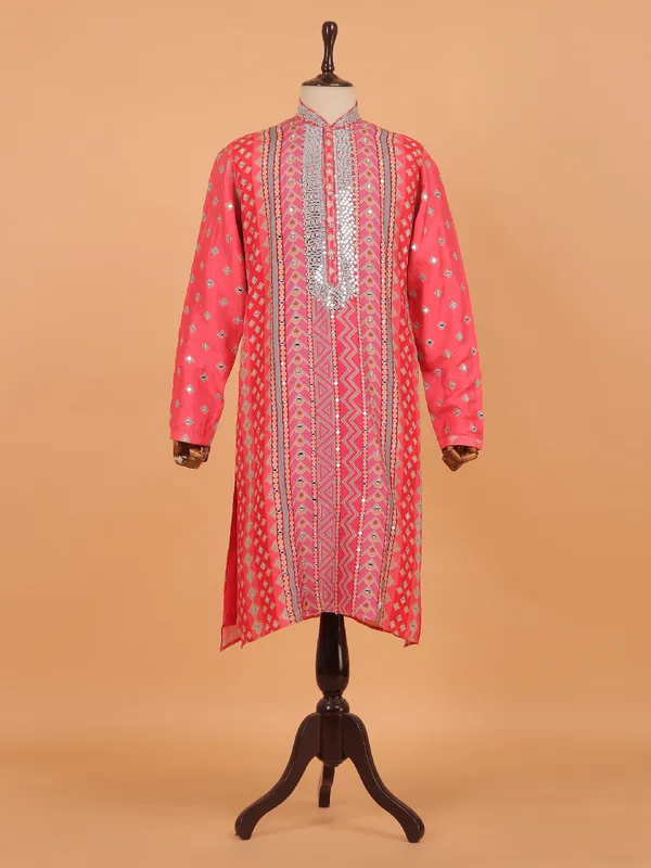 Pink stripe cotton festive kurta set for men