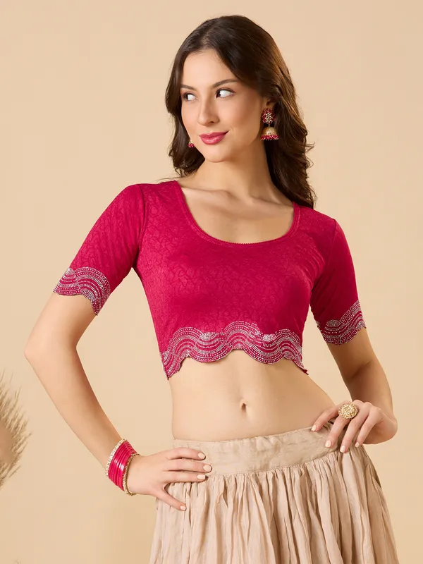 Pink swarovski textured lycra ready made blouse