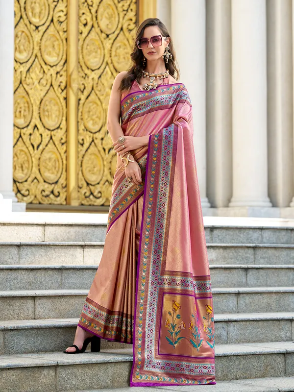 Pink tissue silk saree for fastive