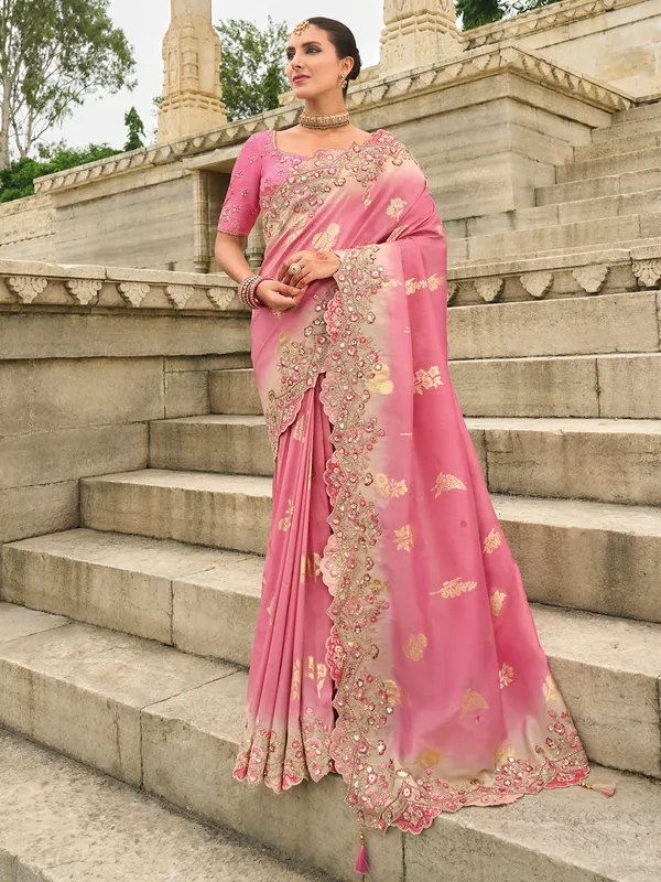 Pink tissue silk saree with intricate printed detailing