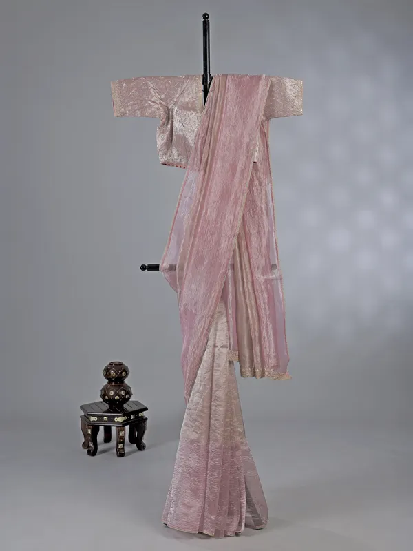 Pink tissue silk saree with zari work