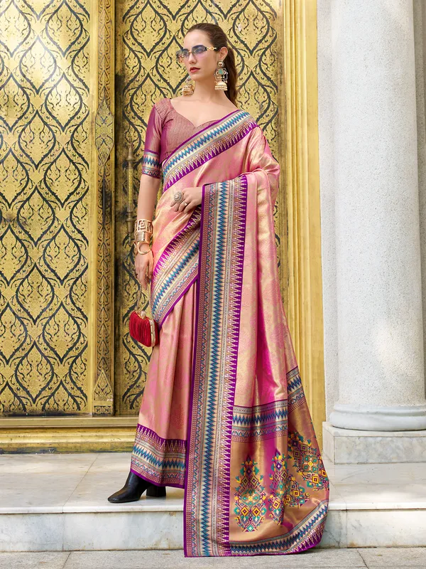 Pink tissue silk zari weaving saree