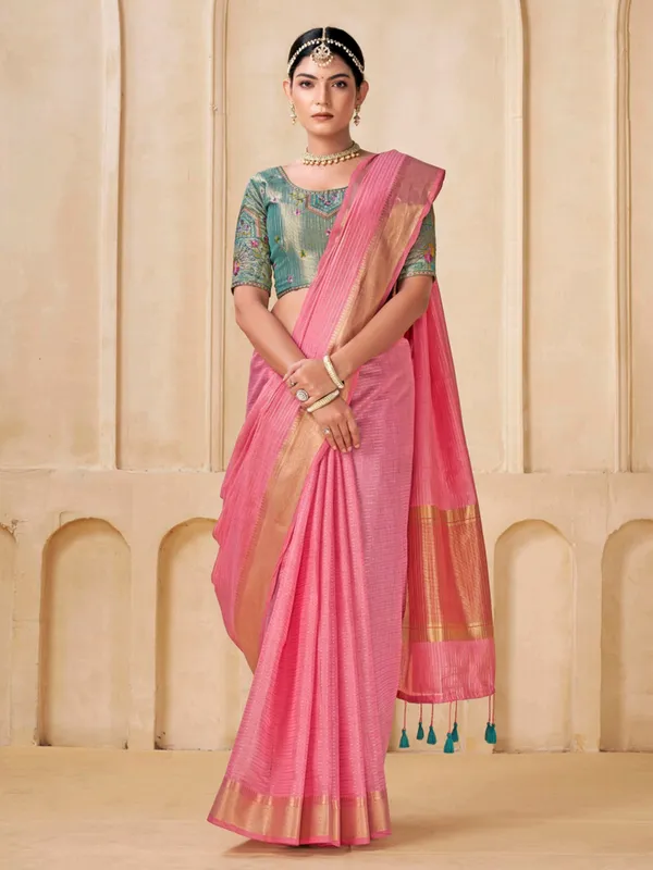 Pink viscose saree with contrast blouse