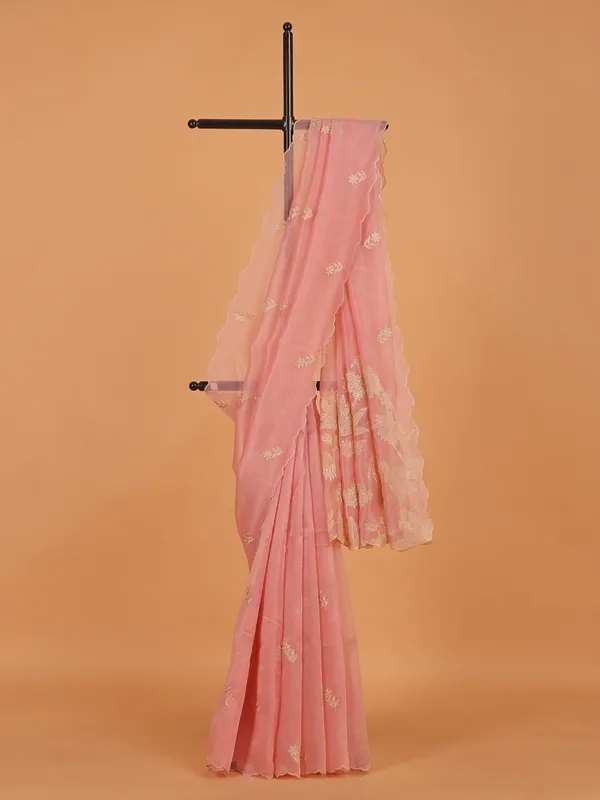 Pink wedding wear organza saree with resham work